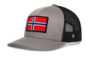 The Haka Hat Norwegian Flag Trucker Hat | Black Norway Snapback by Haka Hat is a gray and black mesh baseball cap featuring a Norwegian flag patch on the front panel. This classic trucker hat combines a curved brim and an adjustable mesh back, blending style with heritage for a distinctive everyday look.