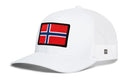 The Haka Hat Norwegian Flag Trucker Hat | Black Norway Snapback by Haka Hat features a mesh design and a prominent Norwegian flag patch on the front panel, blending classic trucker style with national pride for a timeless accessory.