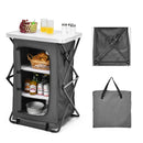 The DirectDeals Folding Camping Storage Cabinet with 3 Shelves and Carry Bag has a white tabletop, zippered front fabric for easy access, and portable shelves to hold food and drinks.
