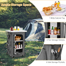 The DirectDeals Folding Camping Storage Cabinet with 3 Shelves and Carry Bag offers ample space for snacks, drinks, and utensils with its 3 shelves, white top, and six side pockets—perfect outside your tent.