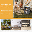 Collage of people camping with the Folding Camping Storage Cabinet with 3 Shelves and Carry Bag by DirectDeals, plus images showing its versatile use for camping, bedroom storage, and organizing in a storage room.