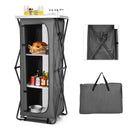 The DirectDeals Folding Camping Storage Cabinet with 3 Shelves and Carry Bag is shown in gray, featuring a white tabletop, hanging organizer, three storage shelves for food and drinks, and a matching carry bag beside it.