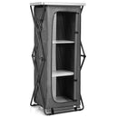 The DirectDeals Folding Camping Storage Cabinet with 3 Shelves and Carry Bag features a gray zippered front, black frame, and three white shelves—ideal as a portable outdoor organizer.