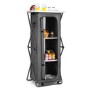 The DirectDeals Folding Camping Storage Cabinet with 3 Shelves and Carry Bag offers organized storage for food and gear, plus a sturdy tabletop—perfect for outdoor adventures.