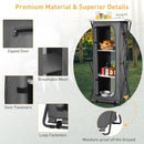 The DirectDeals Folding Camping Storage Cabinet with 3 Shelves and Carry Bag features a zippered door, mesh panels, fasteners, and raised legs—ideal for organizing essentials outdoors. Shown on grass holding bread, plates, and drinks.