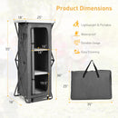 The DirectDeals Folding Camping Storage Cabinet with 3 Shelves and Carry Bag measures 55x18x16″ open, 25x36x5″ folded. Lightweight, waterproof, durable, and easy to clean—ideal as a portable outdoor organizer.