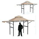 Diagram of a 13.5 x 4 Feet Patio BBQ Grill Gazebo Canopy with Dual Side Awnings by DirectDeals, showing beige canopy, dual awnings, person for scale, and measurements for height, width, and side projections.