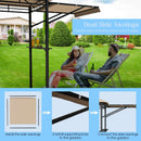 A couple relaxes under the 13.5 x 4 Feet Patio BBQ Grill Gazebo Canopy with Dual Side Awnings by DirectDeals, while diagrams below show how to install awnings, support bars, and connect them to the gazebo.
