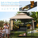 A family enjoys a barbecue under the DirectDeals 13.5 x 4 Feet Patio BBQ Grill Gazebo Canopy with Dual Side Awnings, offering shade and space for food and drinks during outdoor gatherings.