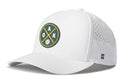 The Haka Hat Oakland Baseball Performance 5-Panel Hat | OAK X Flexfit Snapback is a white cap featuring a round green, gold, and white “OAK” logo with crossed bats and a baseball on the front. This Flexfit snapback by Haka Hat has perforated sides for breathability, water-repellent material for added protection, and is accented with a small H logo on the side.