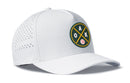 Introducing the Haka Hat Oakland Baseball Performance 5-Panel Hat | OAK X Flexfit Snapback, a white Flexfit snapback from Haka Hat featuring a round green, yellow, and black patch with crossed bats, the letters O, A, K, and a baseball. This Oakland Baseball hat also includes small ventilation holes on the side for added comfort.