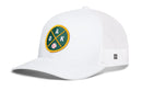 The Haka Hat Oakland Baseball Trucker Hat | OAK X Snapback by Haka Hat features a white mesh design with a green and yellow Oakland-themed patch showcasing crossed bats and a baseball. This cap includes a curved bill, an adjustable snapback closure, and a small logo tag on the side.