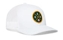 The Haka Hat Oakland Baseball Trucker Hat | OAK X Snapback features a white mesh design with a round green and yellow patch on the front displaying “OAK” and a small baseball icon. This Haka Hat snapback offers classic trucker styling for a sporty Oakland baseball look.