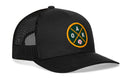 Introducing the Haka Hat Oakland Baseball Trucker Hat | OAK X Snapback by Haka Hat—a black trucker hat with a breathable mesh back and an adjustable snapback closure. The front patch showcases crossed yellow lines, bold “OAK” lettering, and a small baseball icon for a signature Oakland look.