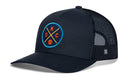 The Haka Hat Oklahoma City Trucker Hat | OKC X Basketball Snapback from Haka Hat features a black mesh design with a round, colorful OKC logo and a small basketball on the front panel. The breathable black mesh side and back panels make this basketball snapback both stylish and comfortable.