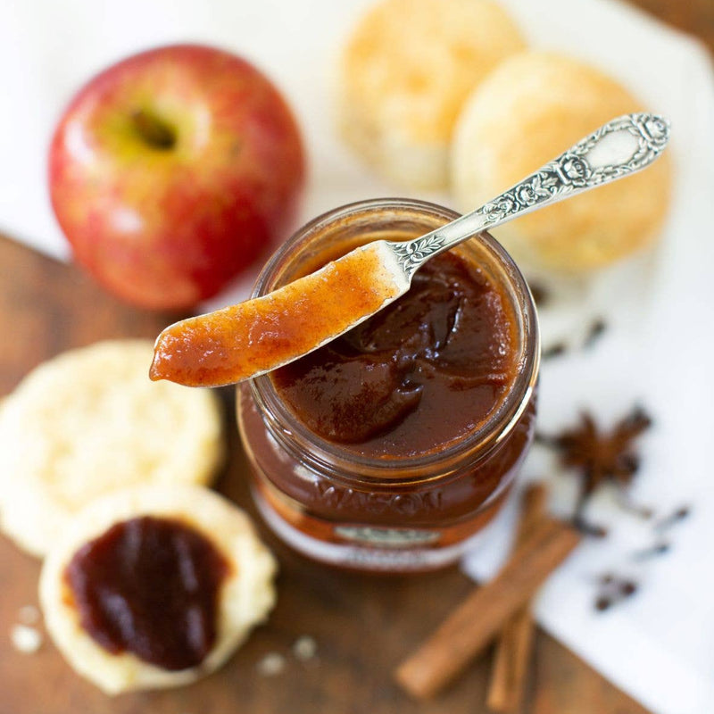 Old School Apple Butter open jar showing consistency of apple butter. 