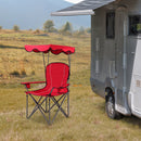 A DirectDeals Fir Wood Kids Picnic Table with 2 Built-in Benches and Umbrella sits on grass near a silver camper, with hills and trees in the background under a partly cloudy sky.