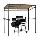 The DirectDeals 7 x 4.5 Feet Grill Gazebo Outdoor Patio Garden BBQ Canopy Shelter-Brown shields a black grill with dual open lids, wooden shelf, storage grate, and side hooks for your barbecue tools.
