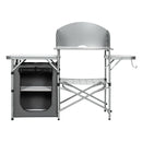The DirectDeals Foldable Outdoor BBQ Portable Grilling Table With Windscreen Bag features an aluminum countertop, sink, side tables, storage shelves, and windscreen—perfect for camping cookouts.