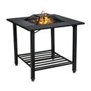 The DirectDeals 31 Inch Outdoor Fire Pit Dining Table with Cooking BBQ Grate features a black metal design, mesh cover, open flame fire pit, grill grate, lower shelf, and four legs—ideal for outdoor dining and BBQs.