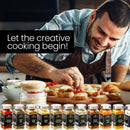 A smiling man in an apron adds toppings to appetizers in a kitchen. In front, The Spice Lab Ultimate Organic Spice Set—24 jars of USDA Certified Organic spices—is lined up. Text reads: Let the creative cooking begin!.