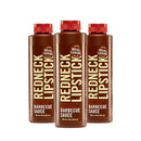 Three bottles from the Redneck Lipstick Original Smoky Sweet & Spicy BBQ Sauce - 3 Pack by Redneck Lipstick, featuring brown labels with bold white text and red caps, are arranged side by side on a white background.
