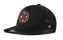 Introducing the Haka Hat Ottawa Hockey Performance 5-Panel Hat | OTT X Flexfit Snapback—a black hat designed for comfort and performance. It features a round front patch with two crossed hockey sticks, a puck, and the letters “OTT.” This water repellent hat includes small side perforations for breathability, an H logo detail, and a Flexfit sweatband that ensures a perfect fit all day long.
