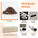 Collage showing lava rocks, stainless steel burner, tank holder, cut-out handles, protective cover, adjustable foot pads & 10 ft gas hose with the heading Well-made Details for this DirectDeals 42 Inch 50 000 BTU Outdoor Rectangular Fire Table with Tank Holder.