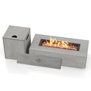 The DirectDeals 42 Inch 50 000 BTU Outdoor Rectangular Fire Table with Tank Holder features a burning flame, decorative stones, removable panel, and matching square side table in light gray wood-textured finish.
