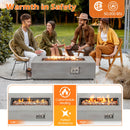 Four people gather around the DirectDeals 42 Inch 50 000 BTU Outdoor Rectangular Fire Table with Tank Holder, enjoying bright flames, customizable heat, and a safe, inviting atmosphere.