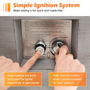 Two hands operate a DirectDeals 42 Inch 50 000 BTU Outdoor Rectangular Fire Table with Tank Holder—one presses the igniter, the other turns a knob. Step-by-step instructions are shown above and below this outdoor fire pit.