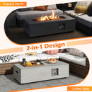 Outdoor furniture image featuring a DirectDeals 42 Inch 50 000 BTU Outdoor Rectangular Fire Table with Tank Holder, used as a fire pit and coffee table, surrounded by cushioned seating.