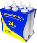 A set of six clear plastic squeeze bottles with white caps comes in blue and yellow packaging labeled “DDR BBQ Supply Plastic Squeeze Bottles for Sauces – 24 oz.” These versatile condiment dispensers from DDR BBQ Supply are perfect for sauces, dressings, or use as BBQ sauce bottles.