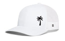 The Haka Hat Palm Tree Trucker Hat | Black Island Snapback features a white mesh design, black palm tree embroidery on the front left panel, curved brim, and adjustable mesh back for style and comfort.
