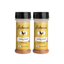 Two spice containers labeled Hickman's BBQ Party Fowl Chicken Rub, featuring bright yellow labels, black lids, and a chicken silhouette on the front, stand side by side against a white background. This Hickman's BBQ Party Fowl Chicken Rub Pack of 2 is perfect for adding bold flavor to your favorite poultry dishes.