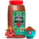 A Rico Rico Pasilla Chile Powder Shaker with a red cap, accompanied by a small bowl of the powder and a smiling cartoon chili pepper character beside them. The label, adorned with vibrant designs and text, highlights its key role in authentic Mexican cuisine made from rich, smoky Pasilla chiles.