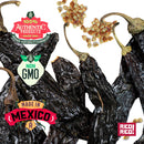 Rico Rico Pasilla Dried Chiles – Mild & Rich Mexican Chile Negro from Oaxaca are displayed with scattered seeds, authentic from Oaxaca and ideal for preparing traditional mole negro. Labels state “100% Authentic Products,” “Non GMO,” and “Made in Mexico.” The “Rico Rico” logo is featured at the bottom right.