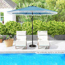 Two white lounge chairs sit under a blue patio umbrella by the pool, with green bushes, a white house, and the DirectDeals Outdoor Storage Cabinet Patio Wicker Organizer with Drawer in the background. Umbrella stand not included.