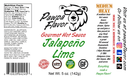 Hot sauce label featuring a bear logo. Text includes: Pawpa Flavor Jalapeno Lime Hot Sauce from Pawpa Flavor LLC. This medium heat sauce is vegan, gluten-free, and low sodium. Label also provides nutrition facts and contact information. Net weight: 5 oz (142g).