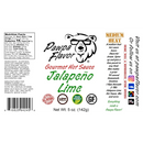 Hot sauce label featuring a bear logo. Text includes: Pawpa Flavor Jalapeno Lime Hot Sauce from Pawpa Flavor LLC. This medium heat sauce is vegan, gluten-free, and low sodium. Label also provides nutrition facts and contact information. Net weight: 5 oz (142g).