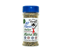 A clear plastic spice bottle with a blue lid is labeled “Pawpa Flavor All Flavor Mama Mia Italian Seasoning” by Pawpa Flavor LLC. The label features a cartoon dog wearing sunglasses and includes text describing its use. This Italian seasoning contains no added salt, offering a healthier flavor boost.