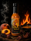 A bottle of Scott’s Smoked Q Peaches & Scream Peach Hot BBQ Sauce sits beside peaches and dried peppers, with flames and smoke in the background.