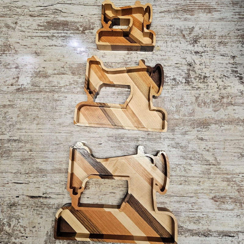 Decorative handmade wood tray shaped like a vintage sewing machine – a charming and practical gift for quilters and sewing lovers