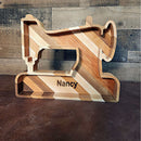 Decorative handmade wood tray shaped like a vintage sewing machine – a charming and practical gift for quilters and sewing lovers