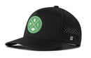 Introducing the Haka Hat Philadelphia Football Performance 5-Panel Hat | Kelly Green PHI X Flexfit Snapback—a sleek black baseball cap by Haka Hat, featuring a green circular logo adorned with white crossed lines, the letters “P” and “H,” and a small football graphic. Designed for ultimate comfort and style, this water-repellent hat has small ventilation holes on the side and is finished with a distinct white “H” emblem, making it the perfect accessory for any Philadelphia football fan.