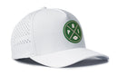 The Haka Hat Philadelphia Football Performance 5-Panel Hat features a white design with a Kelly Green circular front patch showcasing four segments—highlighting the letters H, P, I, and a small football icon. This PHI X Flexfit Snapback from Haka Hat includes side ventilation holes and offers an adjustable fit for lasting comfort.