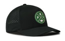 Introducing the Haka Hat Philadelphia Football Performance 5-Panel Hat | Kelly Green PHI X Flexfit Snapback by Haka Hat. This black hat features perforated sides for breathability and a round green and white front logo showcasing crossed lines, the letters “P”, “H”, “I”, and a small football. Designed with water-repellent materials, this stylish snapback provides both comfort and protection, making it an ideal choice for any weather.