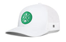 Introducing the Haka Hat Philadelphia Football Trucker Hat | Kelly Green PHI X Snapback—a white mesh snapback by Haka Hat, featuring a green circular patch with crossed lines, the letters P, H, and I, plus a small football icon—making it the perfect PHI X trucker hat for dedicated fans.