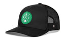 The Haka Hat Philadelphia Football Trucker Hat | Kelly Green PHI X Snapback features a solid black front with breathable mesh side and back panels. A green circular patch on the front displays bold white “P H I” lettering and a small football graphic—making it an essential snapback for any Philadelphia football fan’s collection.