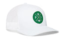 The Haka Hat Philadelphia Football Trucker Hat | Kelly Green PHI X Snapback features a white mesh design with a green circular patch on the front showcasing intersecting lines, the letters “P,” “H,” and “I,” along with a small football icon. This Haka Hat combines classic style with sporty flair, making it an excellent choice for fans seeking a unique Philadelphia Football Trucker Hat. With its adjustable snapback closure, this hat offers a comfortable fit that lasts all day.